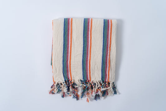 Striped towel with colorful border on a light gray background