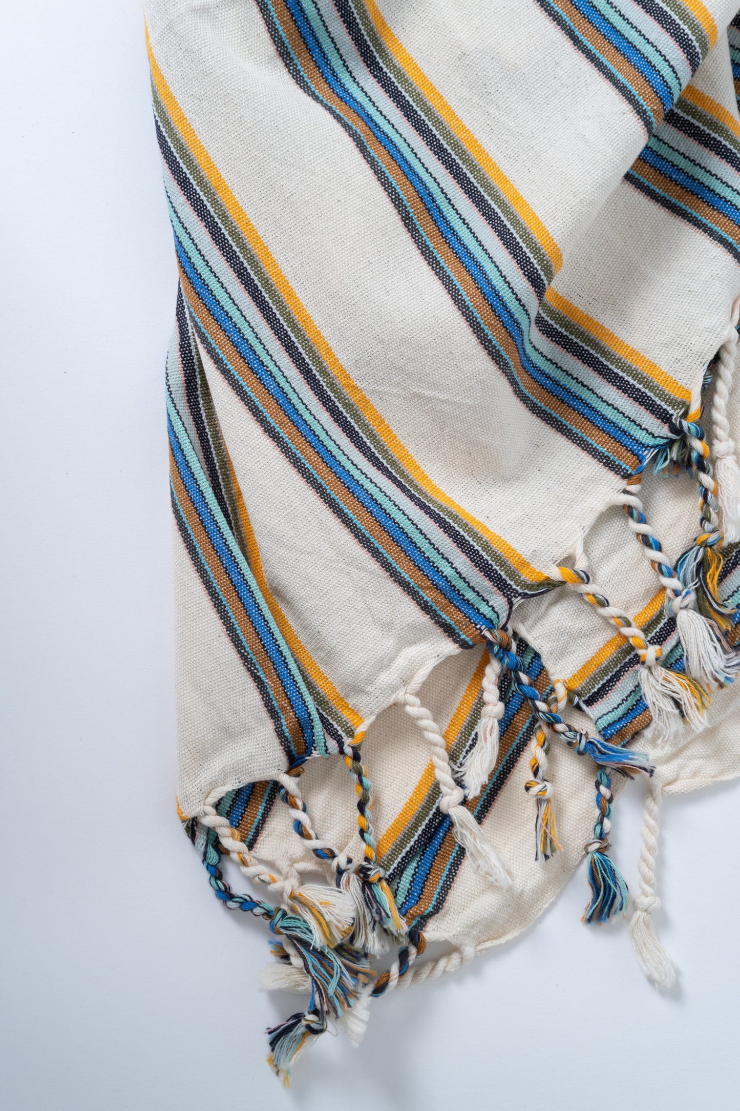 Striped drawstring bag with blue, yellow, and gray colors on a white background