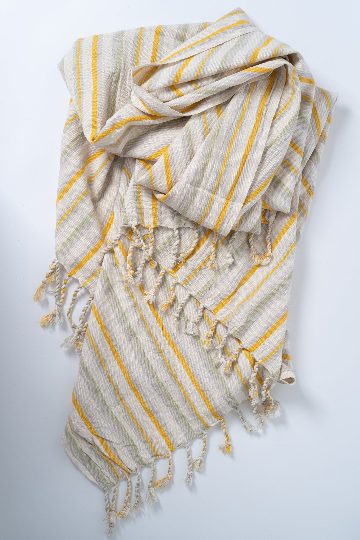 Striped scarf with yellow and white colors on a white background