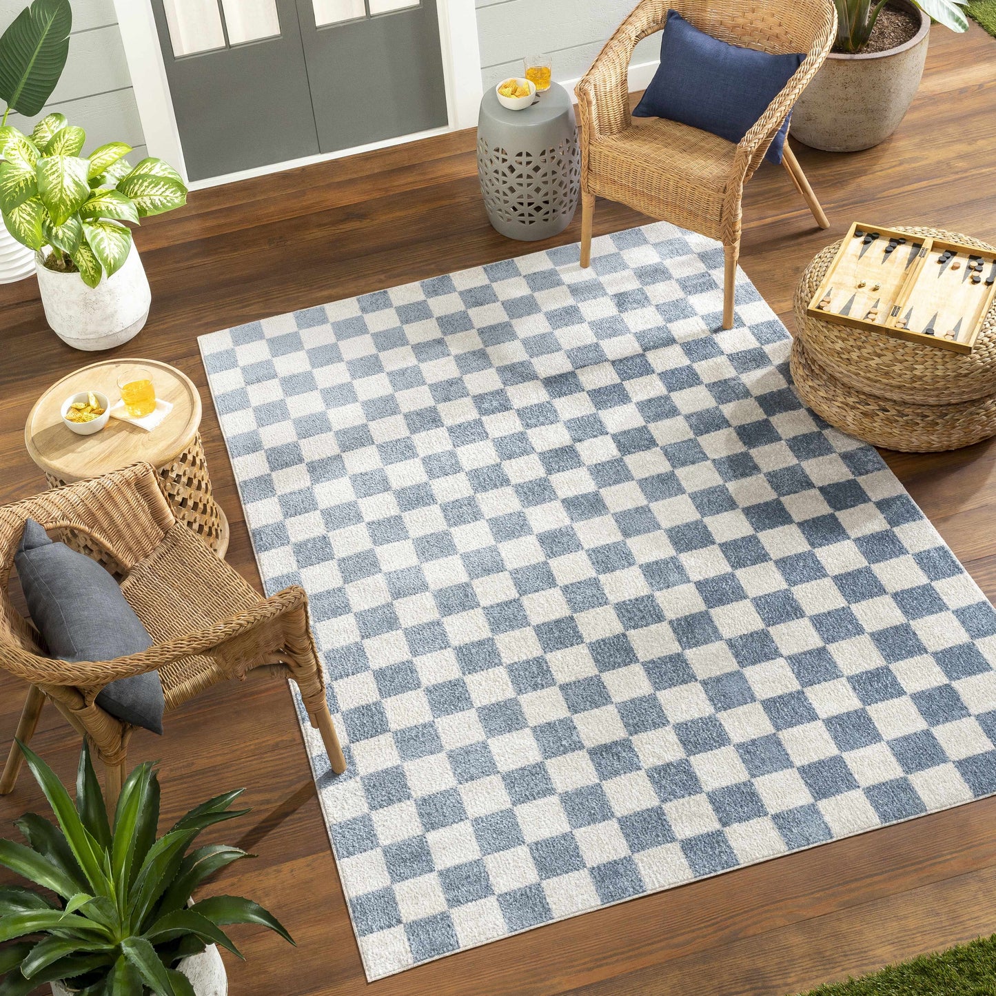 Brone Blue Checkered Washable Rug