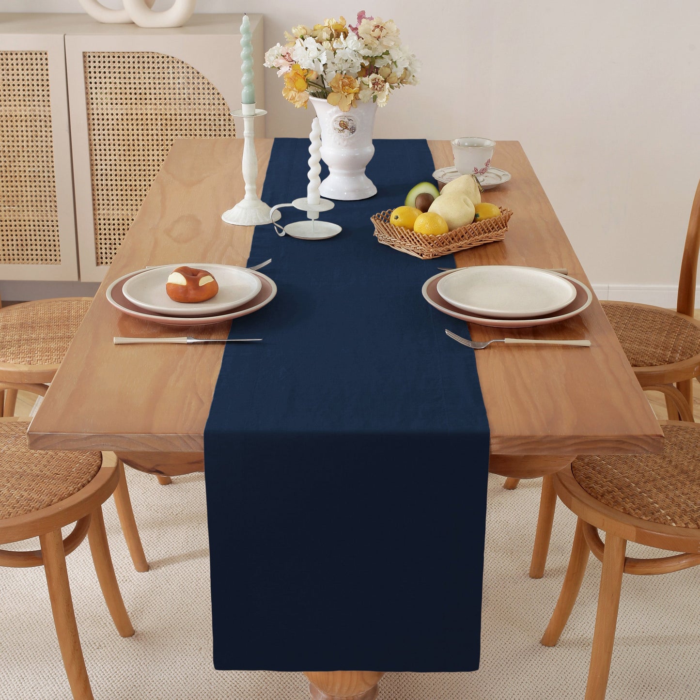Premium French Linen Table Runner 100% Linen Runner - Navy